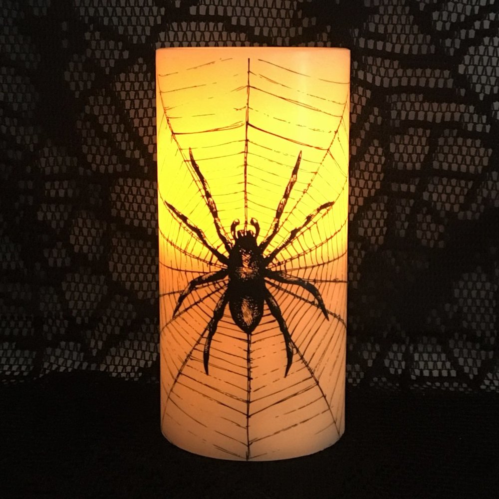 Set of 2 Halloween Flameless LED Candle Pillars Spider Web Spooky Decoration New